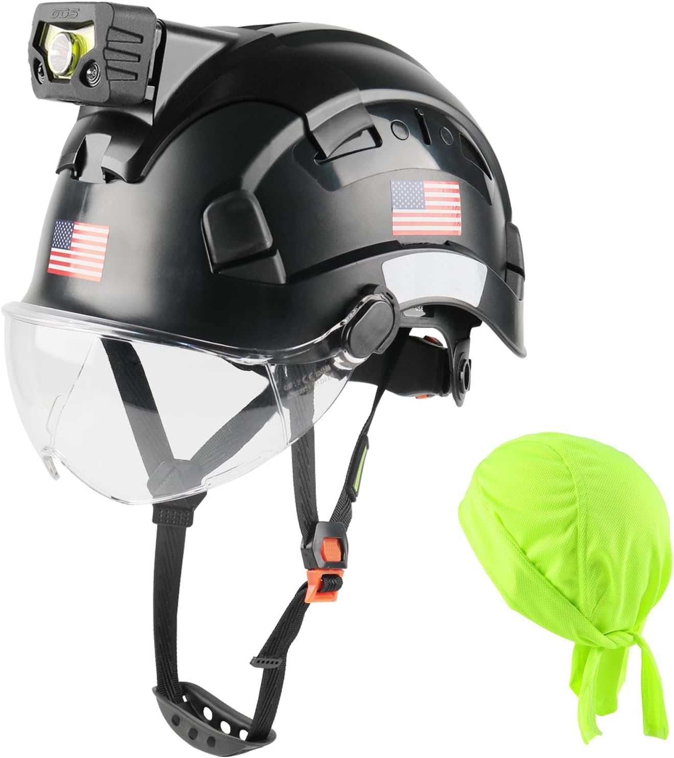 GREEN DEVIL Safety Hard Hat with Rechargeable Headlamp Light and Helmet Liner Chin Strap Men Vented Work Hardhats ANSI Z89.1 Approved Cascos de Construccion Ideal for Industrial Construction Forestry