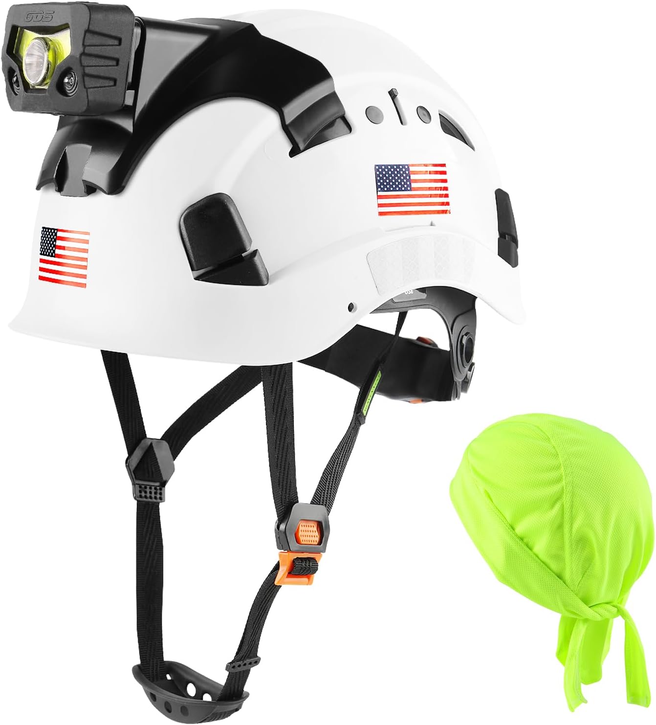 GREEN DEVIL Safety Hard Hat with Rechargeable Headlamp Light and Helmet Liner Chin Strap Men Vented Work Hardhats ANSI Z89.1 Approved Cascos de Construccion Ideal for Industrial Construction Forestry