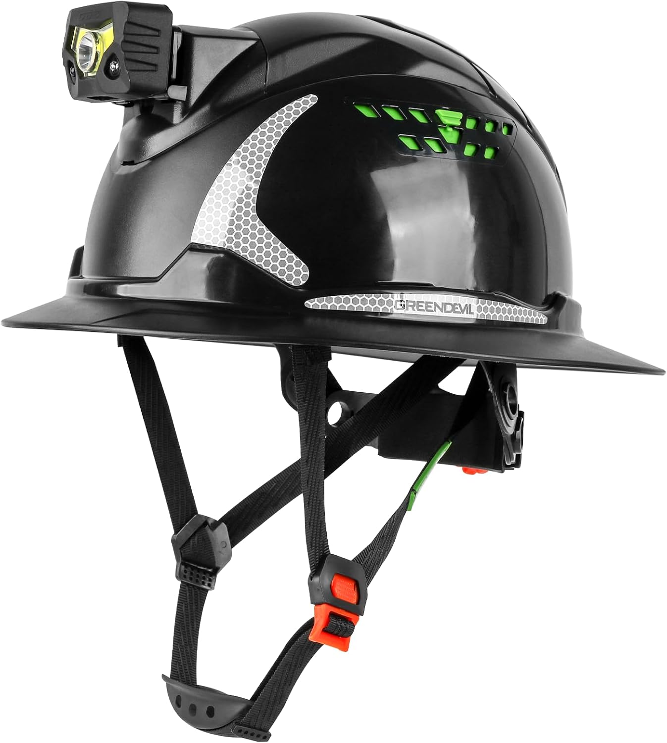 GREEN DEVIL Matrix Full Brim Hard Hat with Headlight Vented Construction Safety Helmet OSHA Approved Cascos De Construccion Work Hardhat for Men&Women