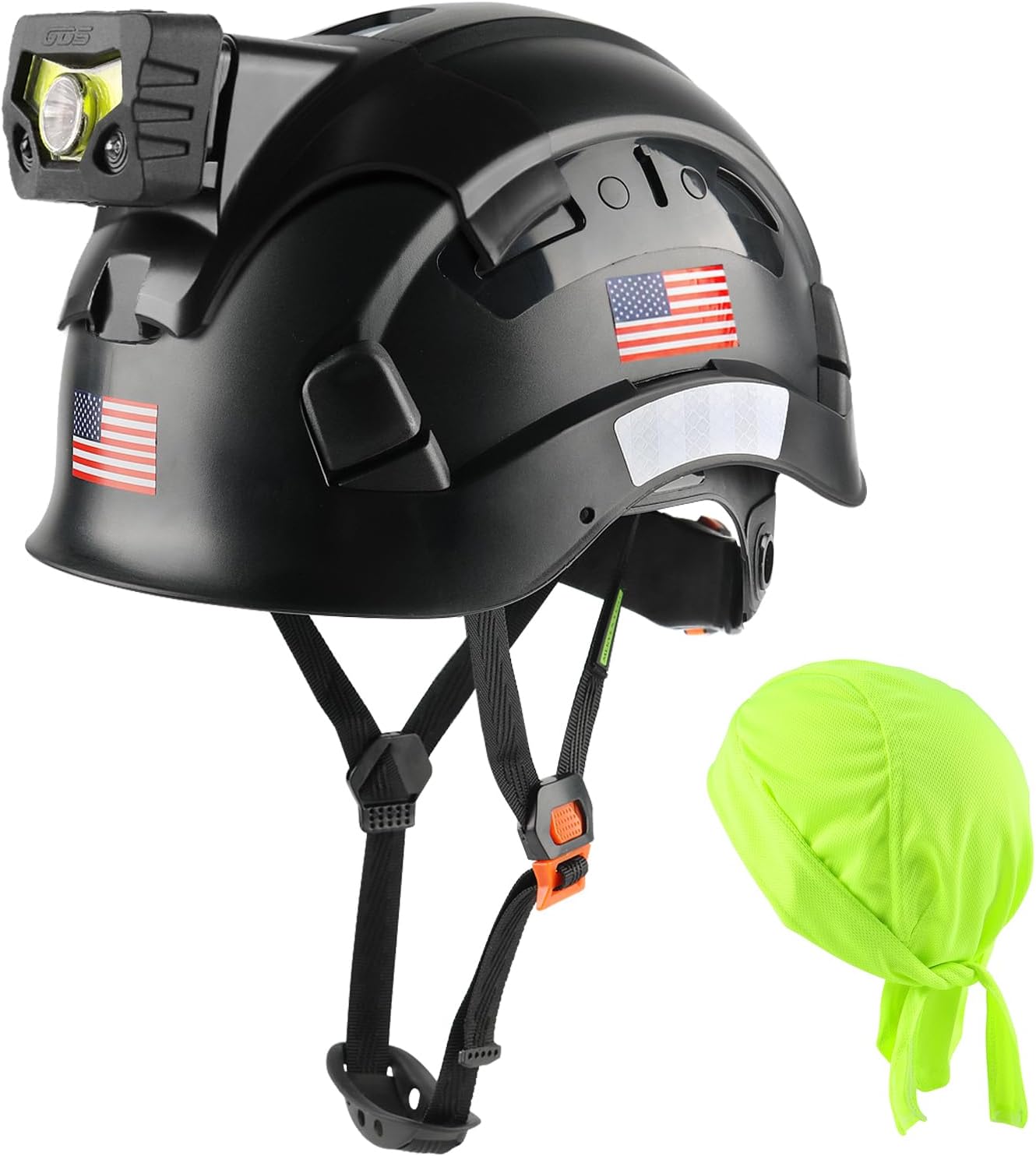 GREEN DEVIL Safety Hard Hat with Rechargeable Headlamp Light and Helmet Liner Chin Strap Men Vented Work Hardhats ANSI Z89.1 Approved Cascos de Construccion Ideal for Industrial Construction Forestry