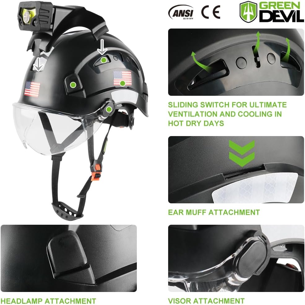 GREEN DEVIL Safety Hard Hat with Rechargeable Headlamp Light and Helmet Liner Chin Strap Men Vented Work Hardhats ANSI Z89.1 Approved Cascos de Construccion Ideal for Industrial Construction Forestry