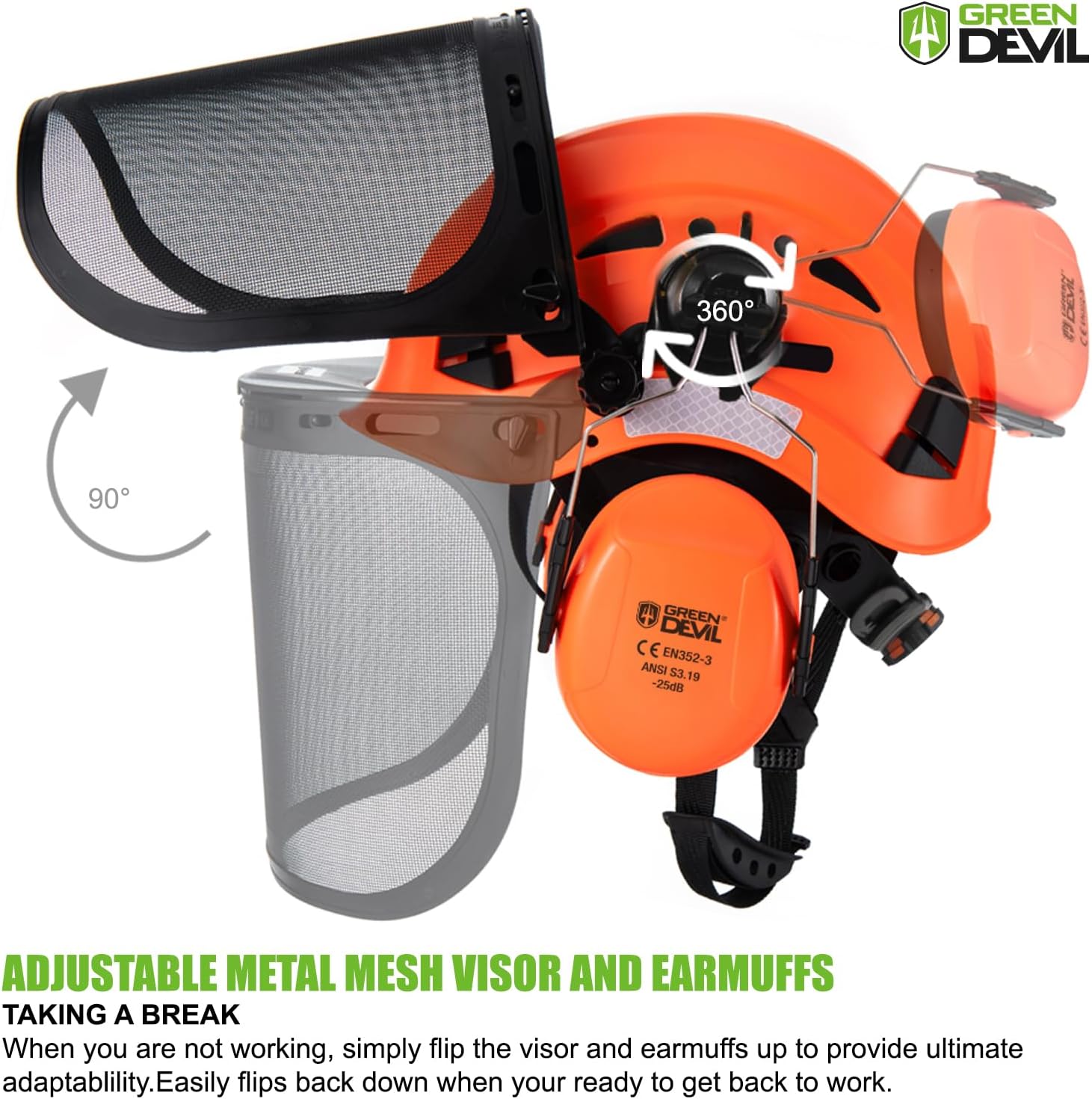 GREEN DEVIL Forestry Chainsaw Safety Helmet with Mesh Face Shield Built-in Visor and Earmuffs 5 in 1 System Vented Arborist Helmet ANSI Z89.1 Hard Hat Logging Garden Work Hardhats for Men Women