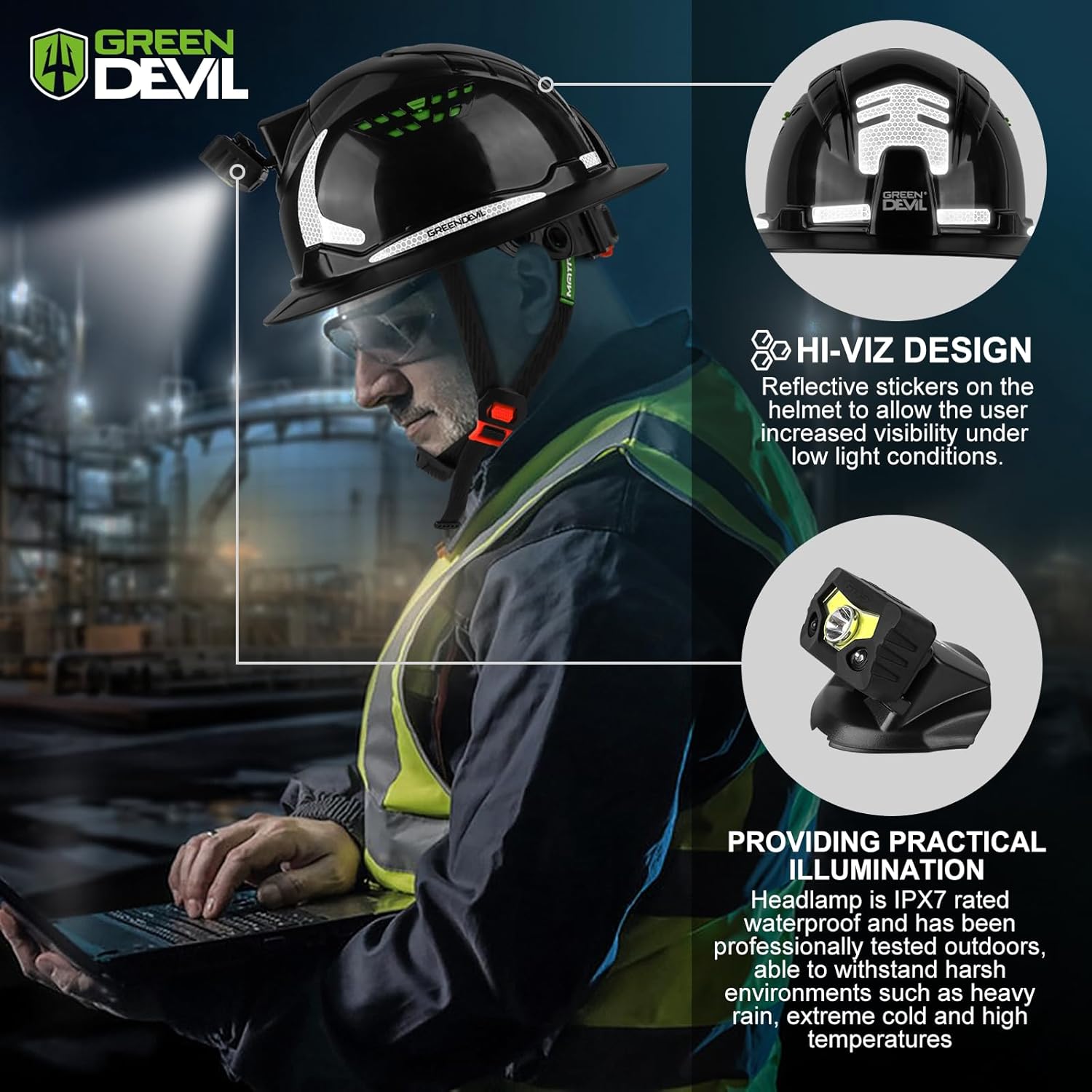 GREEN DEVIL Matrix Full Brim Hard Hat with Headlight Vented Construction Safety Helmet OSHA Approved Cascos De Construccion Work Hardhat for Men&Women