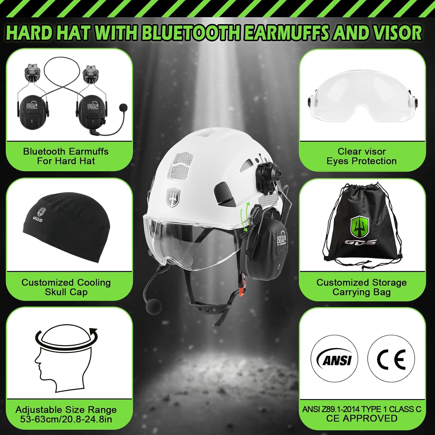 GREEN DEVIL Safety Helmet Hard Hat with Visor and Bluettoth Ear Muffs Vented Work Helmet for Men and Women ANSI Z89.1 Approved Hardhat Ideal for Industrial & Construction