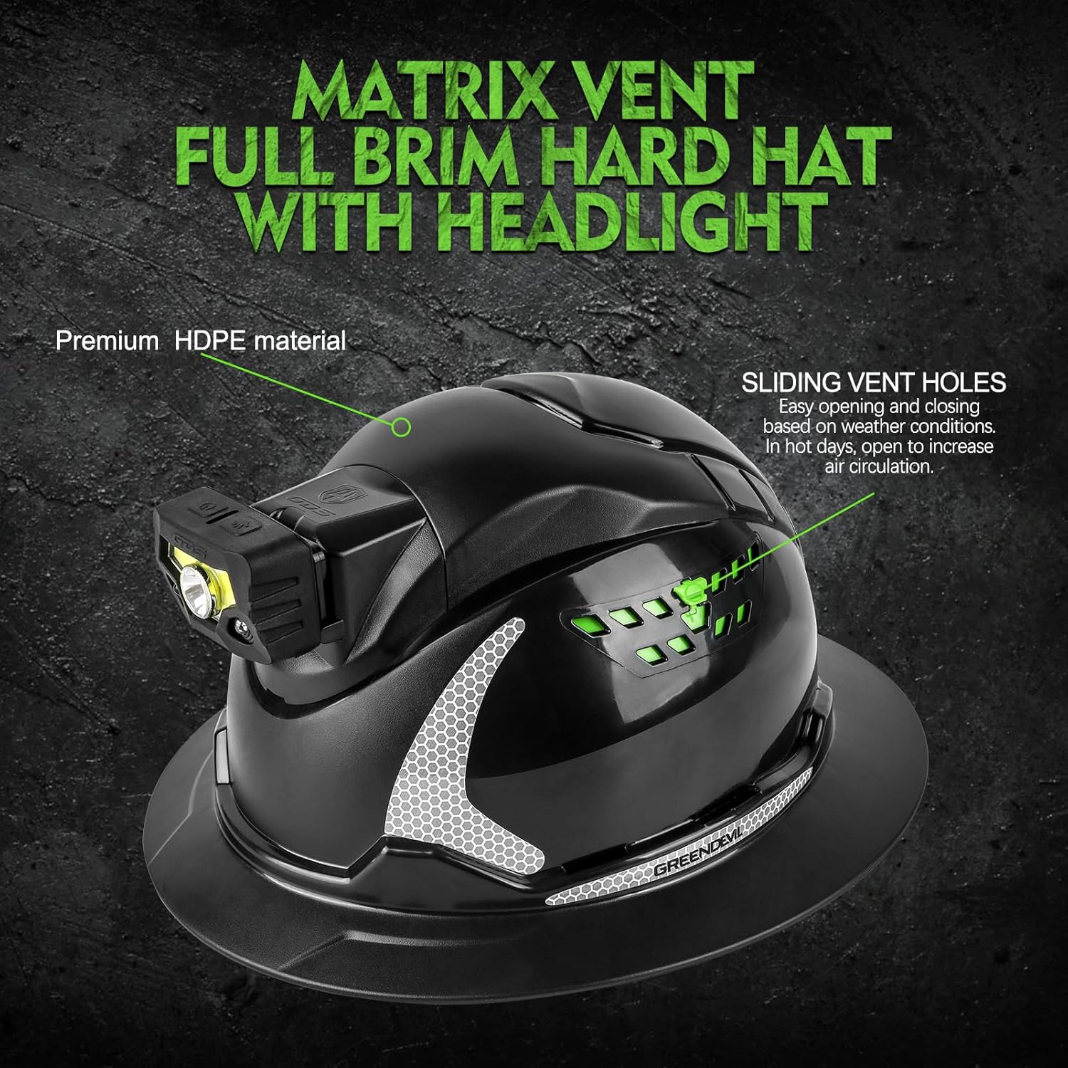 GREEN DEVIL Matrix Full Brim Hard Hat with Headlight Vented Construction Safety Helmet OSHA Approved Cascos De Construccion Work Hardhat for Men&Women