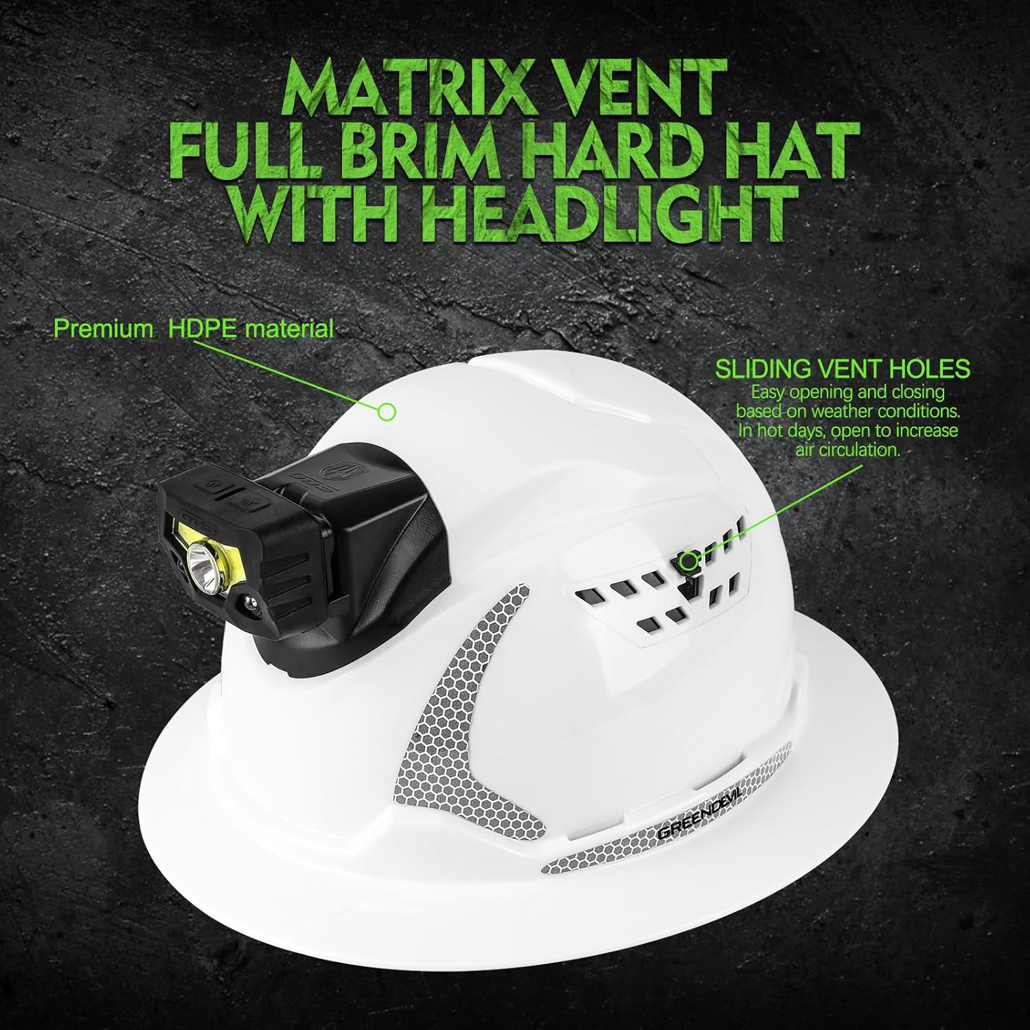 GREEN DEVIL Matrix Full Brim Hard Hat with Headlight Vented Construction Safety Helmet OSHA Approved Cascos De Construccion Work Hardhat for Men&Women