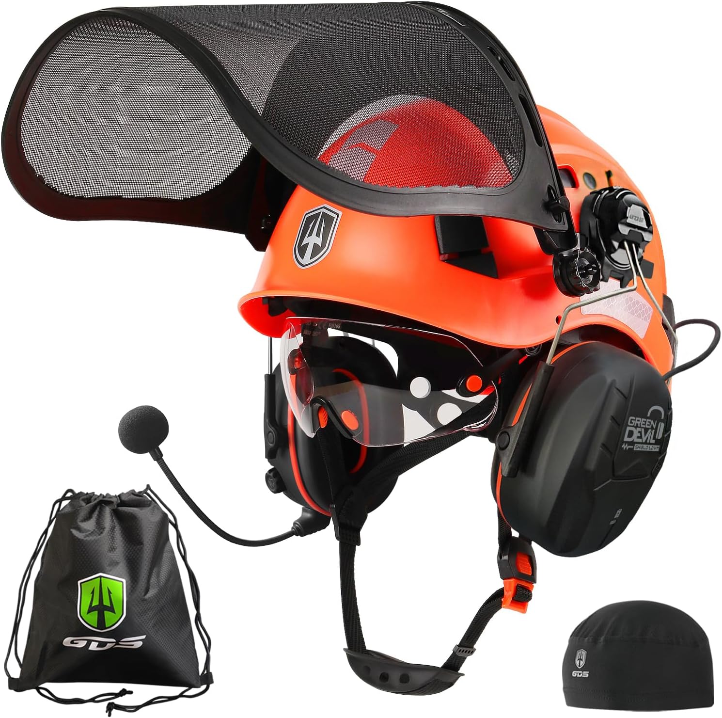 GREEN DEVIL Forestry Chainsaw Safety Helmet with Bluetooth Ear Muffs Arborist Helmet Hard Hat with Built-in Visor Mesh Face Shield 5 in 1 System Logging Garden Work Hardhats for Men Women