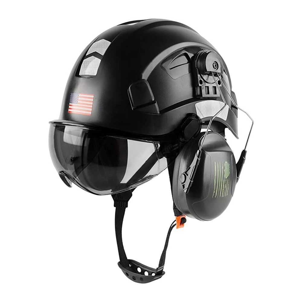 Petzl helmet with visor and clearance ear defenders